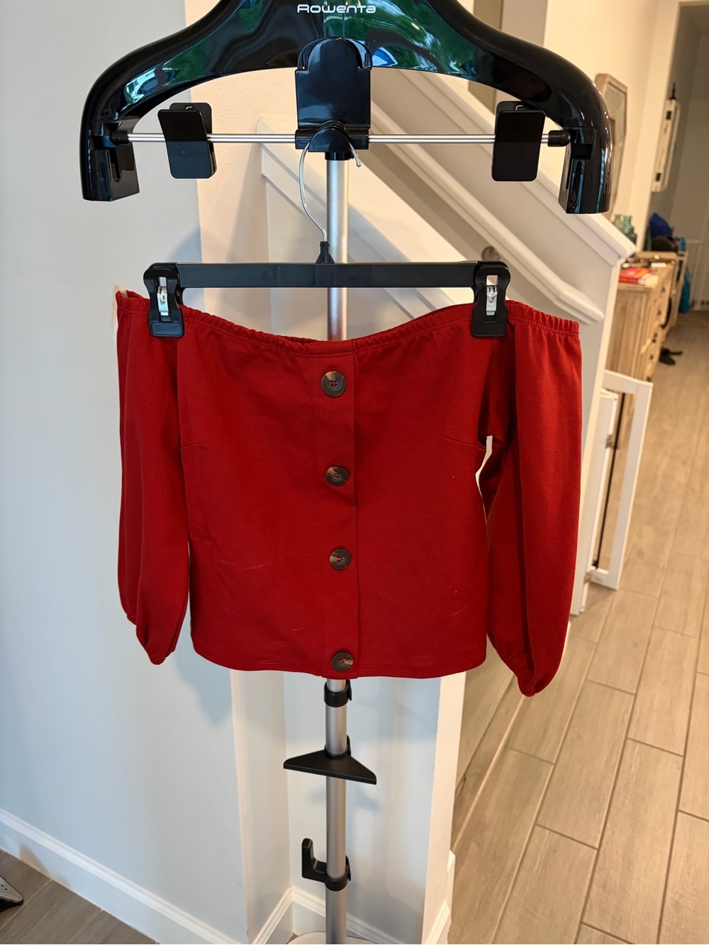 NWT Charlotte Russe Red Off Shoulder Puff Sleeve Button Top Size Large